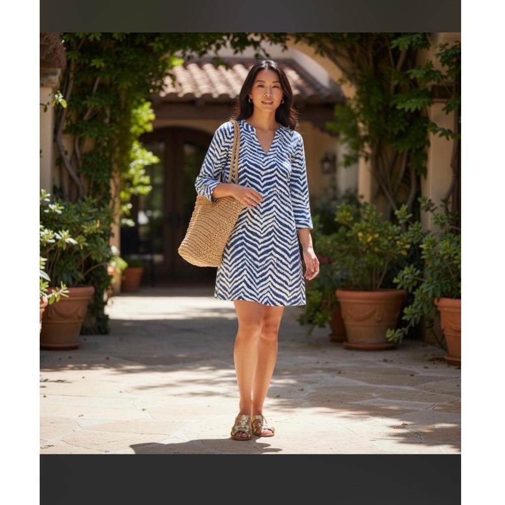 Lilly Pulitzer Blue White Chevron Ikat Pima Cotton Tunic Dress Small 3/4 Sleeve